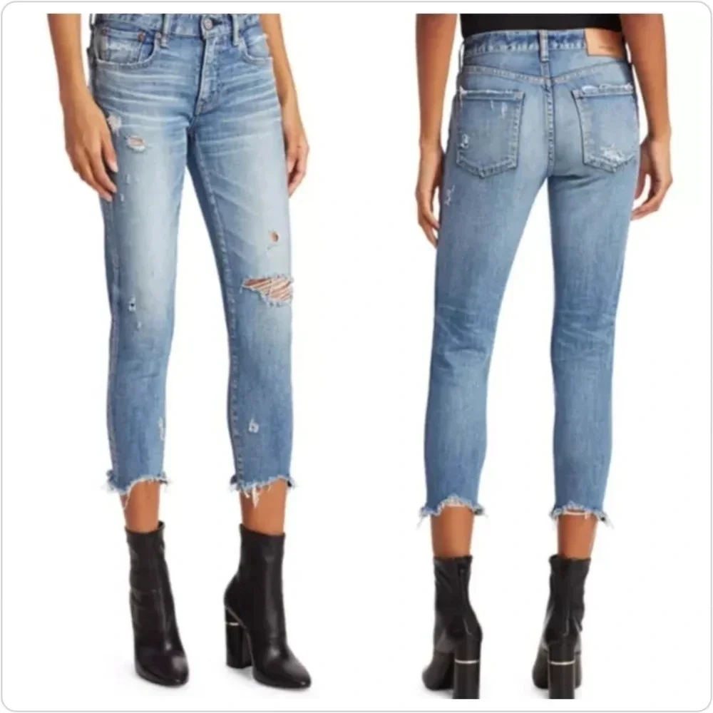 Moussy Vintage Glendele Destructed Low Rise Skinny Jeans, Cropped, Raw Hem, Euc
